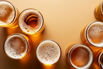 Glasses of beer on beige background with space for text for National Beer Day