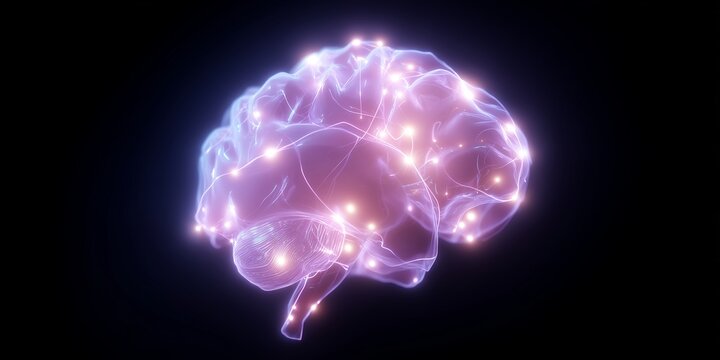 Visualization of a glowing brain with bright connections in a dark background - Powered by Adobe