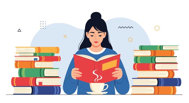 Young woman reading a book surrounded by tall stacks of literature.