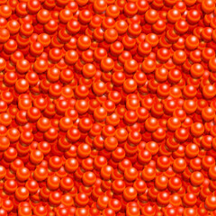 Seamless pattern with red caviar of bright orange color. Full filled background textured of many realistic caviars. Vector print for seafood delicacy illustrations, textile design and package.