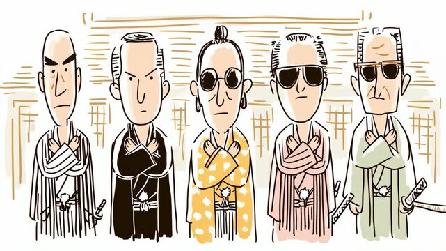 腕を組んで威圧するヤクザ5人組のイラストアニメーション