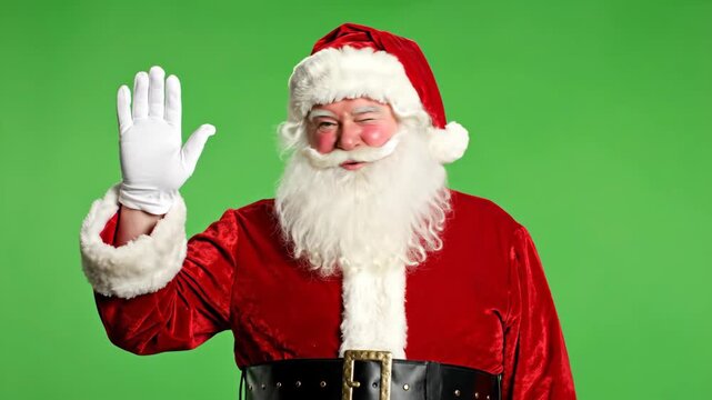 Santa Claus waving a friendly greeting on a green screen. Cheerful Christmas character smiling and winking at the camera for the holidays.