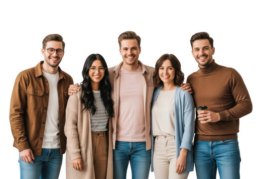 Group of five happy young adults smiling and standing together isolated on transparent background