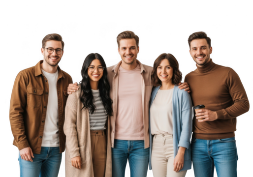 Group of five happy young adults smiling and standing together isolated on transparent background