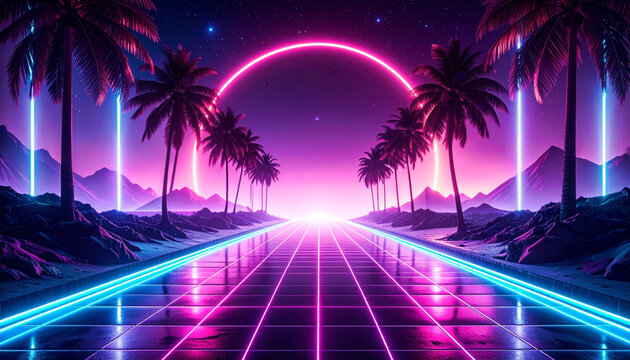 Retro-futuristic synthwave landscape with neon grid road, glowing arc sun, palm trees, and purple-pink mountains under a starry sky. Vibrant 80s-inspired digital art scene.