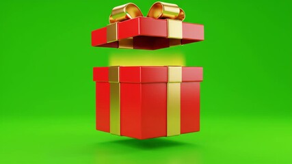 A red gift box opens to reveal a magical glowing light. Vertical 3D animation of a holiday present on a green screen background. Surprise and celebration concept