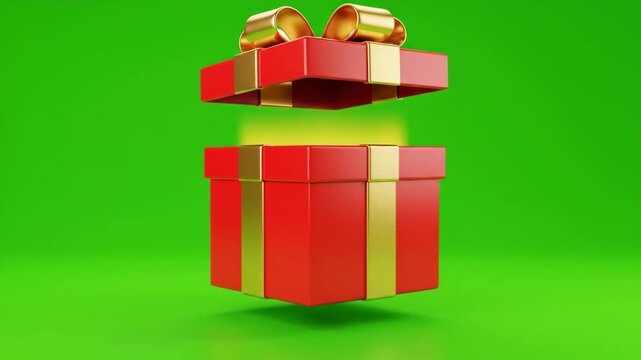 A red gift box opens to reveal a magical glowing light. Vertical 3D animation of a holiday present on a green screen background. Surprise and celebration concept