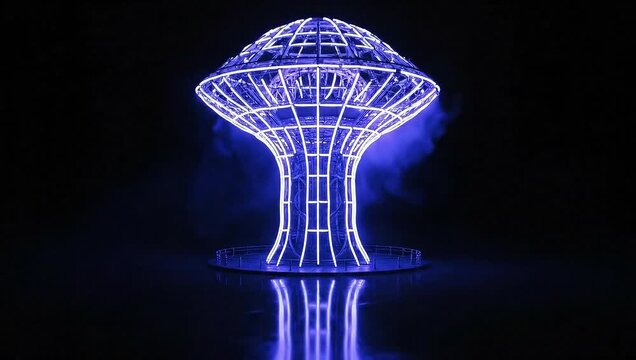 A striking futuristic architectural installation of a stylized tree, its intricate wireframe design glowing with a brilliant blue and violet hue in the dark