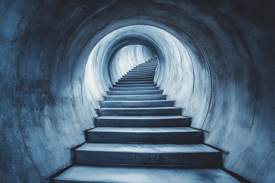 Steps lead into an endless circular tunnel creating a mysterious atmosphere with a sense of depth and intrigue - Powered by Adobe