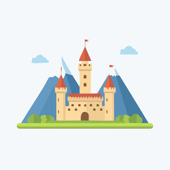 Fototapeta premium Majestic castle illustration with mountains and blue sky background.