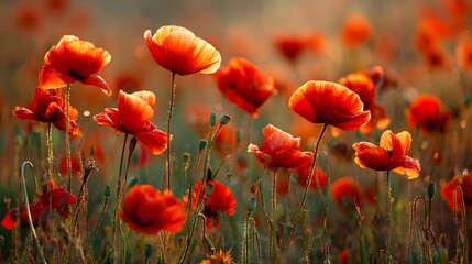Fototapeta premium Field of vibrant red blossoms glows under warm, diffused sunlight