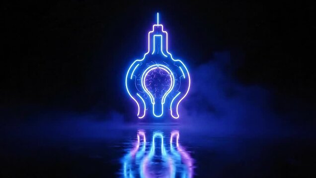 Luminous futuristic neon sign featuring a glowing abstract symbol in vibrant blue and violet hues, reflecting on a dark floor amidst ethereal smoke