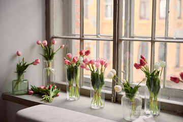 Beautiful tulips arranged on a windowsill in soft morning light