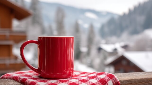 Warm sunlight filters through the trees as a bright red mug of hot chocolate rests on a checkered cloth. Snow-covered chalets create a cozy winter scene in the background