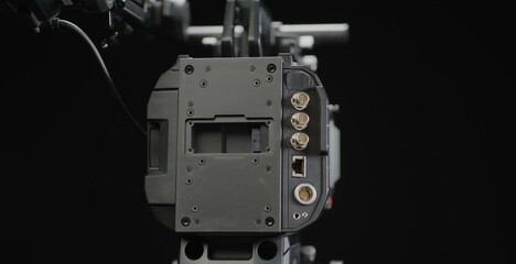 The detailed back panel of a professional cinema camera reveals.