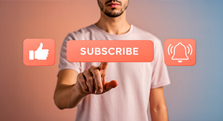 Young man interacting with digital buttons, showcasing subscribe, like, and notification icons, emphasizing engagement in social media platforms and online content creation