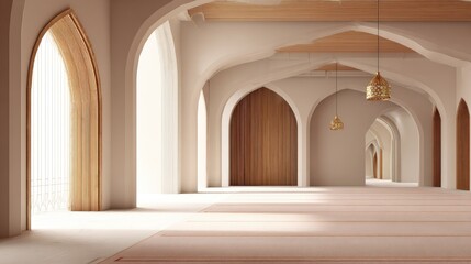Fototapeta premium Interior view of a mosque prayer hall with arches and wooden doors.