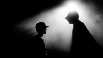Dramatic black and white silhouette of two people wearing baseball caps, facing each other in a beam of light, creating a mysterious and artistic scene, perfect for themes of confrontation