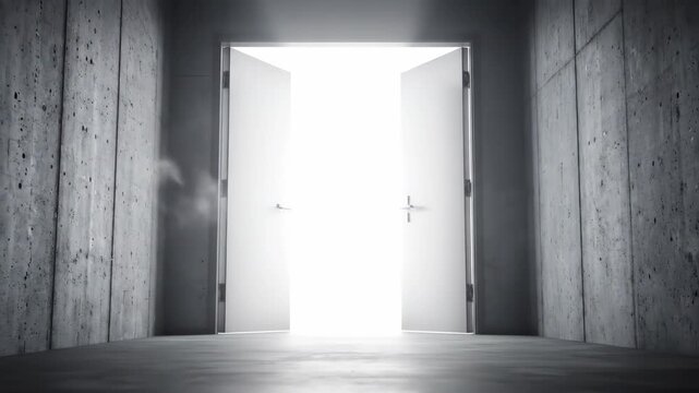 A mysterious door opens in a dark concrete corridor revealing brilliant white light. The entrance to heaven, the future, or a new opportunity. Cinematic animation concept