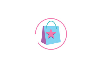 Obraz premium Transparent shopping bag with vibrant floating neon star icon and subtle swirl effect