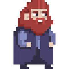Pixel Art Character Sprite Retro 8 Bit Style A Dwarf Warrior With Red Beard And Blue Cloak Standing Isolated On Transparent Background In A Classic Video Game Aesthetic
