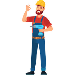 Pixel Art Construction Worker Holding a Blue Drill and Giving an OK Sign with a Yellow Hard Hat and Blue Overalls on a White Background