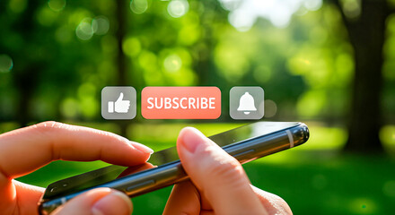 Close-up of hands holding smartphone outdoors with blurred green background, featuring social media icons like subscribe, like, and notification bell for digital engagement concept