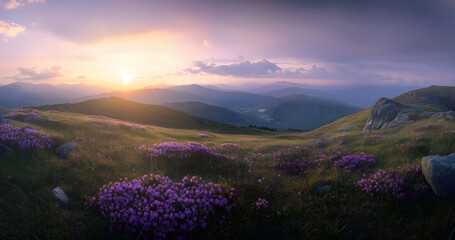 Mountain landscape at sunrise with purple wildflowers and misty hills gives a tranquil natural beauty scene.