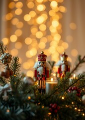 Coniferous branches and blurry shiny golden lights in christmas and new year atmosphere (ai generated) nutcrackers holiday  decoration christmas toy festive merry celebration