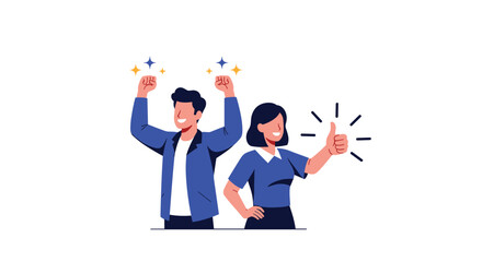 Happy people celebrating success with thumbs up and raised hands.