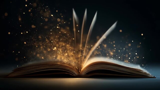 Open book releases luminous sparks as pages rise, conjuring magic and luminous imagination.sparks fly