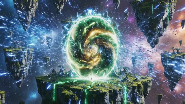 Vertical animation of a fantasy portal in space. A swirling energy gateway on a floating island amidst a cosmic nebula. Science fiction concept of interdimensional travel