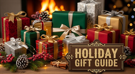 Christmas gifts wrapped in colorful paper with ribbons and pine cones