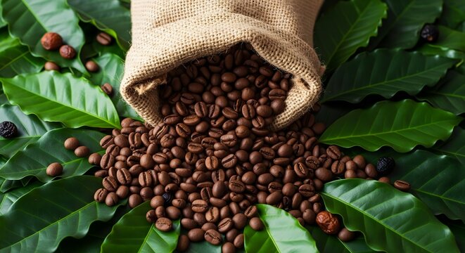 Roasted coffee beans spilling from burlap sack onto vibrant green coffee leaves.