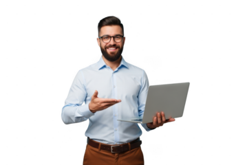 Confident businessman holding laptop isolated on transparent background smiling and gesturing