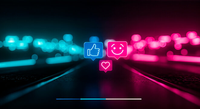 Colorful social media icons, including thumbs up, smiley face, and heart, illuminated against a blurred background of vibrant lights, representing digital communication and engagement - Powered by Adobe