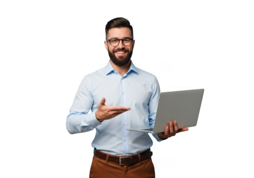 Confident businessman holding laptop isolated on transparent background smiling and gesturing