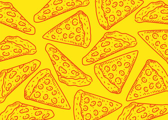 Seamless hand-drawn pattern of pizza slices with cheese and pepperoni toppings, illustrated in a fun yellow background. Perfect for fast food-themed backgrounds, restaurant branding