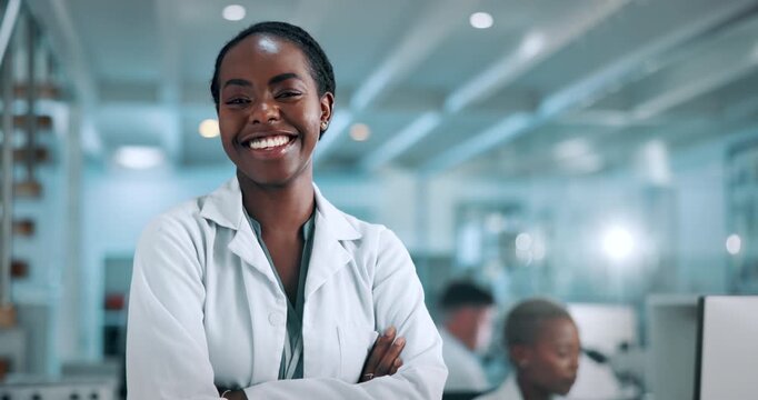 Scientist, face or happy woman with arms crossed in lab, medical biotech or pathology research for solution. Vaccine development, microbiology and researcher with pride for progress, flare and trial.
