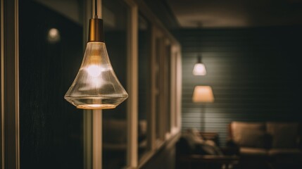 Illuminating pendant lamp in a dimly lit room.