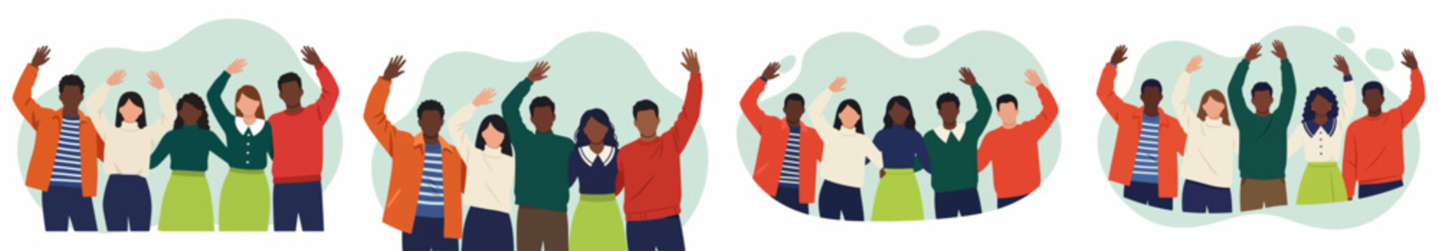 Diverse groups of multicultural people raising hands in unity and welcome. Flat vector illustration set promoting community, inclusion, and teamwork.