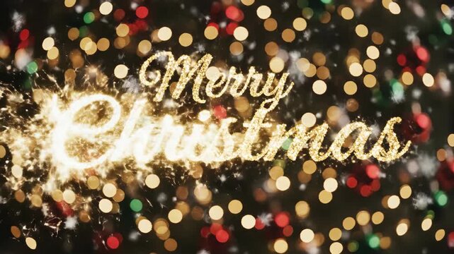 Merry Christmas sparkling text animation. Golden glitter writing appears over a festive bokeh lights background. Holiday greeting card with falling snow