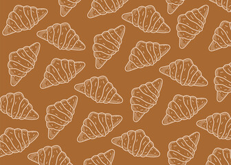 Hand-drawn croissant seamless pattern in sketch line art style on brown background. Elegant bakery-themed vector illustration, perfect for cafe branding, packaging design, wallpaper.