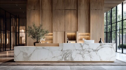 Modern lobby reception desk with light wood and marble accents.