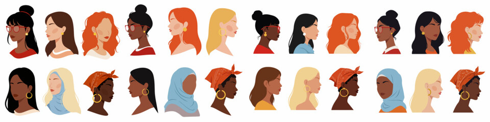 Diverse collection of stylized female profile portraits showing different ethnicities, hairstyles, and head coverings.