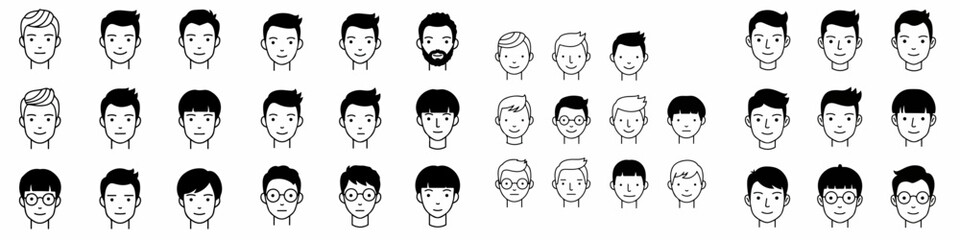 Minimalist black and white icons of diverse young men's faces and hairstyles. Vector avatar collection.