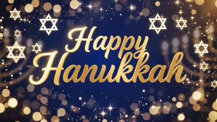 Happy Hanukkah animated greeting with golden text. Festive Jewish holiday celebration with glowing menorahs and Stars of David on a blue sparkling background. Motion graphics for the festival - Powered by Adobe