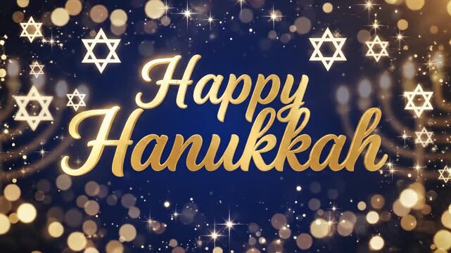 Happy Hanukkah animated greeting with golden text. Festive Jewish holiday celebration with glowing menorahs and Stars of David on a blue sparkling background. Motion graphics for the festival