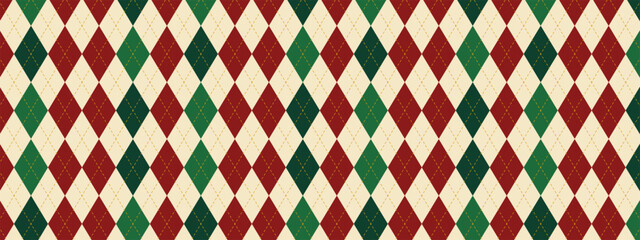 Christmas argyle background in traditional colors. Geometric diamond grid with gold accents forms holiday pattern. Vector seamless design for festive wrapping and decoration templates.