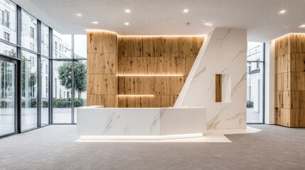 Modern reception desk in a contemporary office lobby.